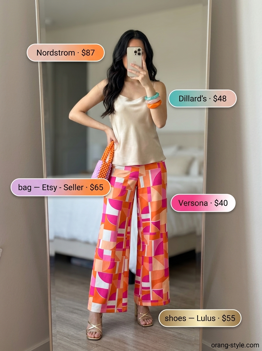 Bold summer party outfit with hot pink silk camisole and abstract print pants. Trendy summer sleeveless tops 2026.