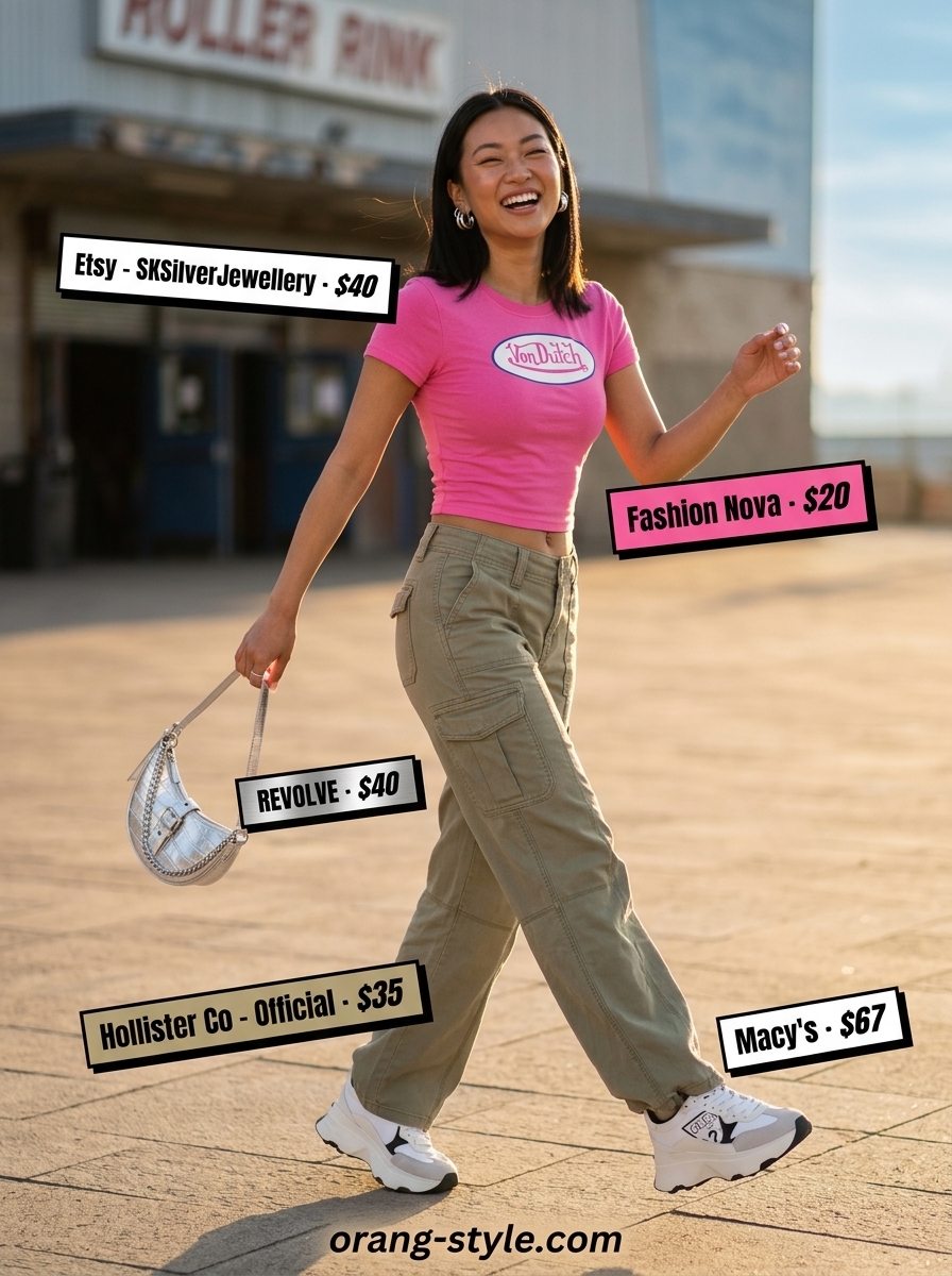 Trendy summer sleeveless tops 2026: Hot pink graphic baby tee with low-rise baggy khaki cargo pants for a Y2K look.