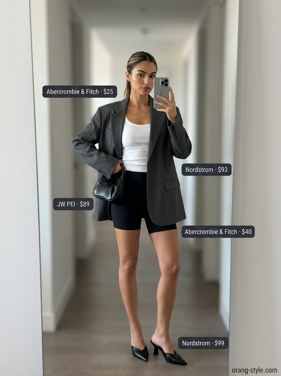 Trendy summer streetwear for women 2026: Charcoal blazer, black biker shorts, white tank, black mules, black croc bag.