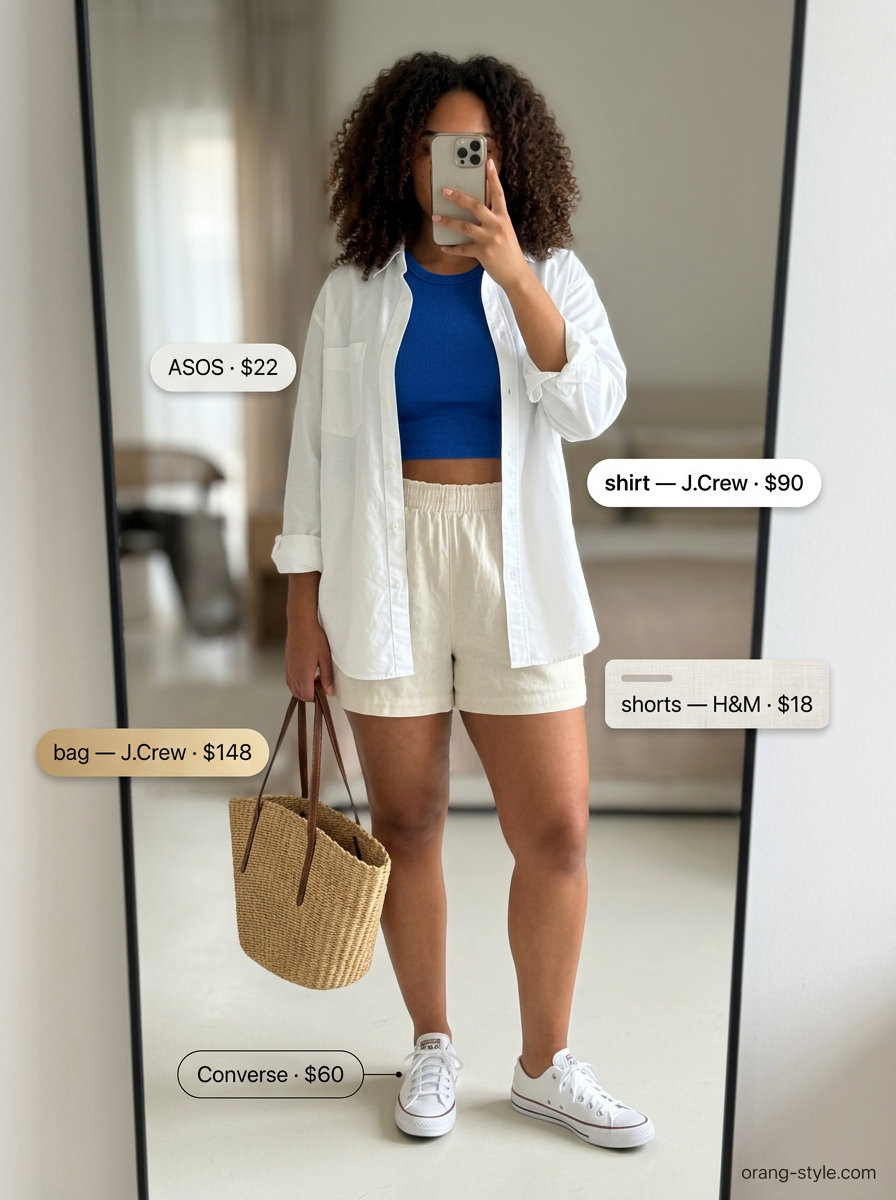 Trendy summer streetwear for women 2026: White button-down, blue crop tank, linen shorts, straw tote, white sneakers.