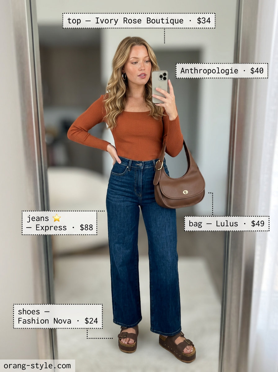 Trendy summer streetwear for women 2026: Dark wash wide-leg jeans, burnt orange top, brown bag, platform sandals, gold hoops.