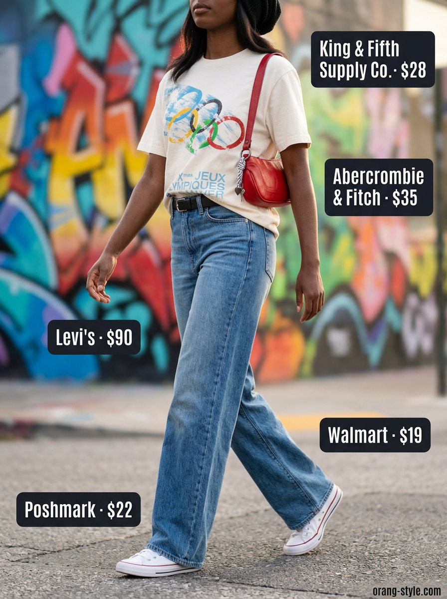 Trendy summer streetwear for women 2026: Medium wash wide-leg jeans, off-white graphic tee, red bag, beanie, and sneakers.