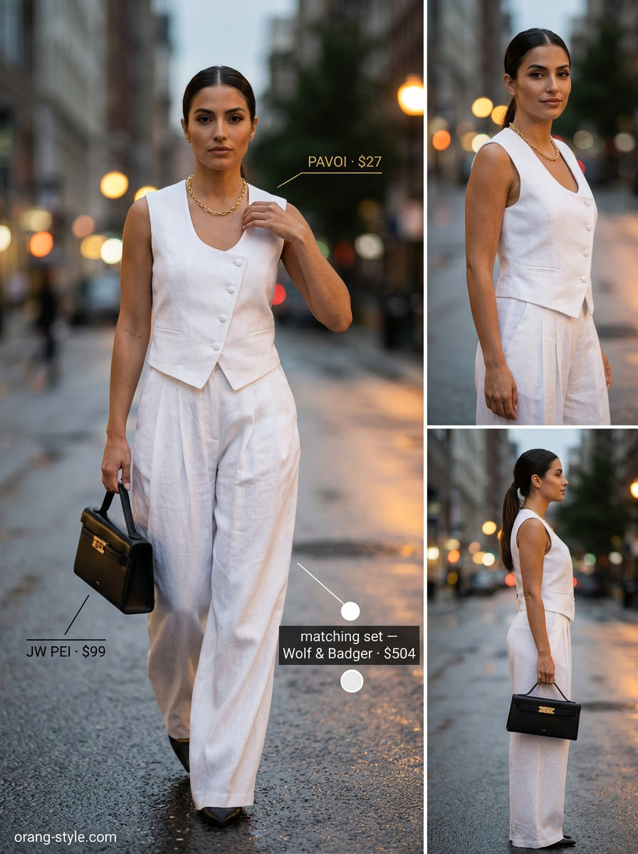 Trendy summer streetwear for women 2026: White linen vest and trousers, black mules, black bag, gold necklace.