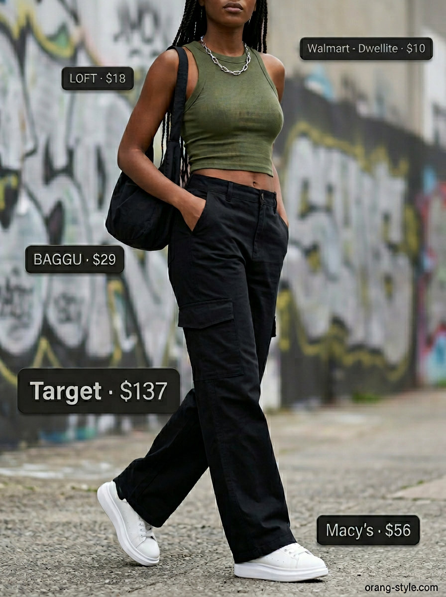 Trendy summer streetwear for women 2026: Black cargo pants, olive crop top, platform sneakers, and silver necklace for urban exploration.