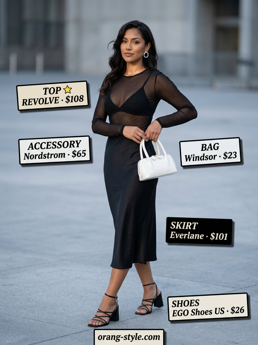 Trendy summer streetwear for women 2026: Black sheer mesh top, black midi skirt, block heels, and statement earrings for evening events.