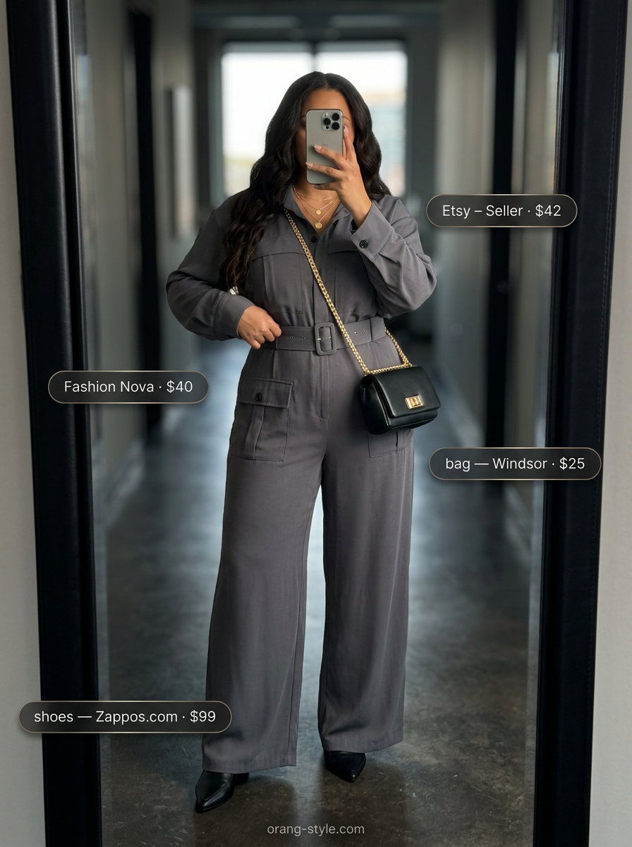 Trendy summer streetwear for women 2026: Charcoal utility jumpsuit, black mules, gold necklaces, and structured bag for a chic evening.