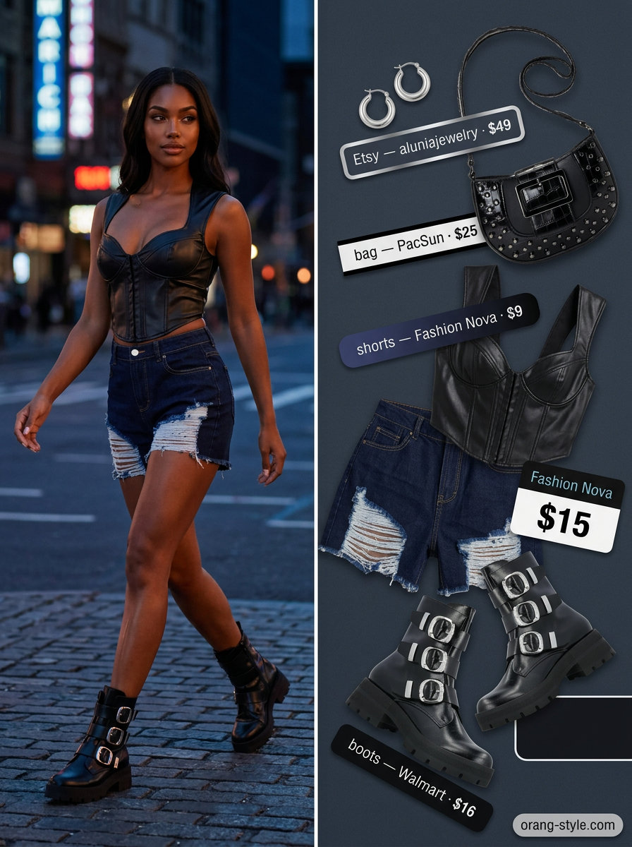 Trendy summer streetwear for women 2026: Distressed denim shorts, black corset top, platform boots, and silver jewelry.