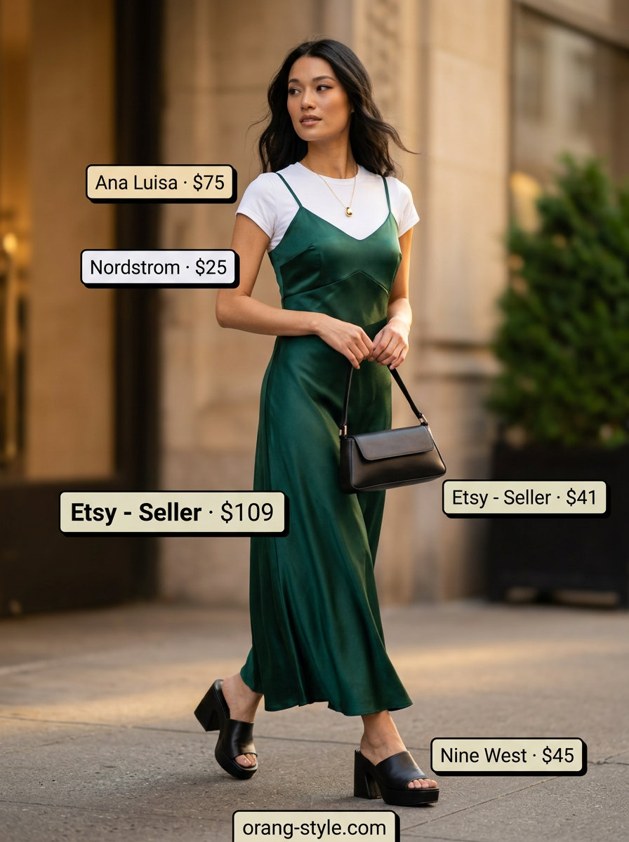 Trendy summer streetwear for women 2026: Emerald green satin slip dress, white crop top, black mini bag, and platform sandals for evenings.