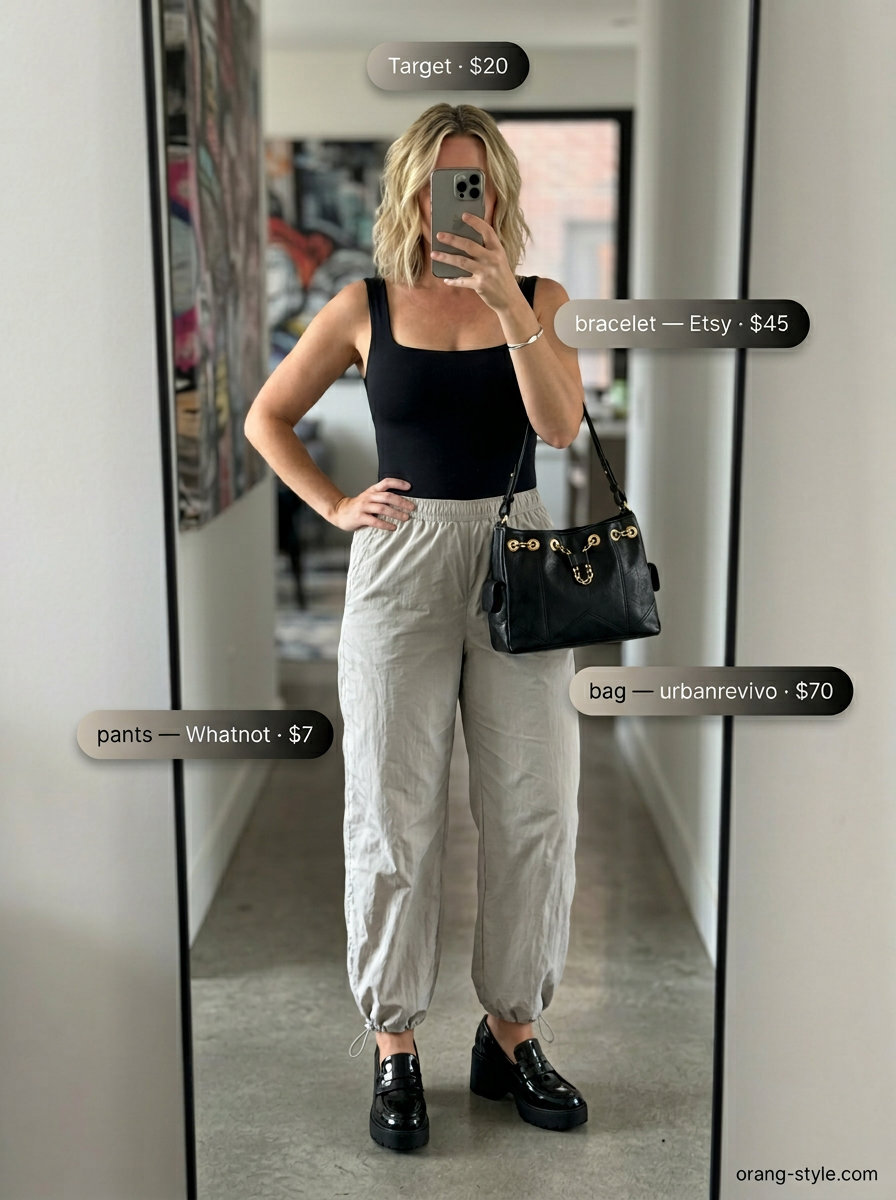 Trendy summer streetwear for women 2026: Greige parachute pants, black bodysuit, platform loafers, and mini shoulder bag.