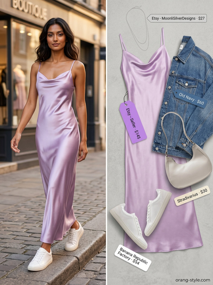 Trendy summer streetwear for women 2026: Lavender slip dress, oversized denim jacket, white sneakers, and layered necklaces.