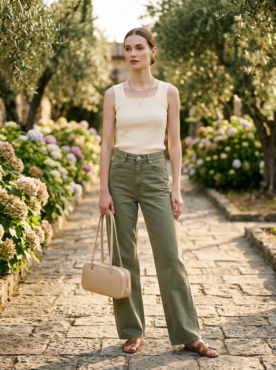 Trendy summer streetwear for women 2026: Olive green wide-leg jeans, cream knit tank, tan slides, and gold necklaces for elevated casual.
