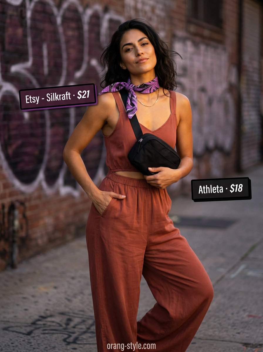 Trendy summer streetwear for women 2026: Terracotta utility jumpsuit, black combat boots, belt bag, and abstract bandana for urban exploration.