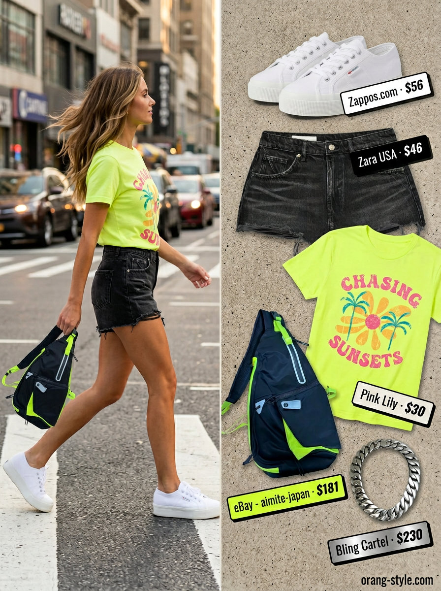 Trendy summer streetwear for women 2026: Yellow graphic tee, distressed denim shorts, platform sneakers, and silver necklace.