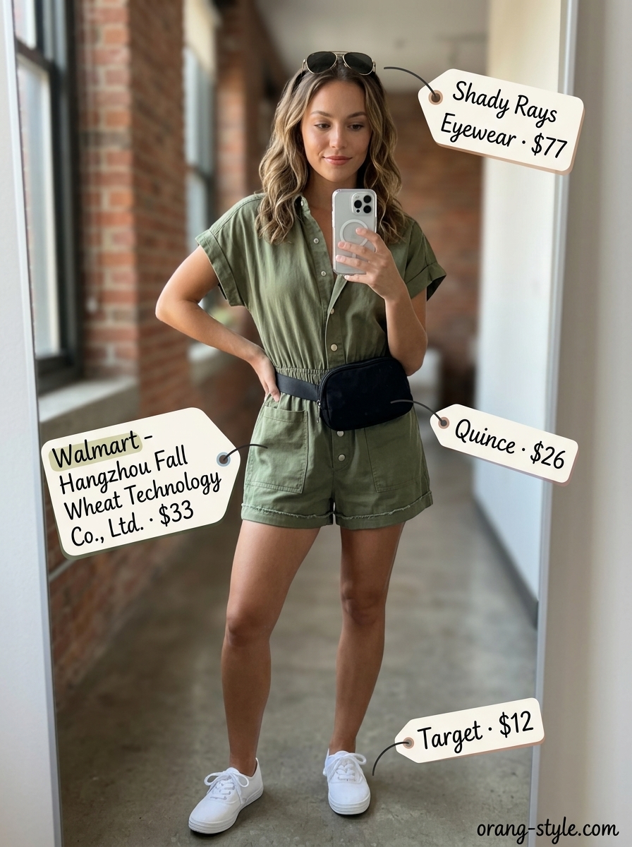 Khaki utility romper, white sneakers, and black belt bag for tropical Miami summer outfits for women 2026.