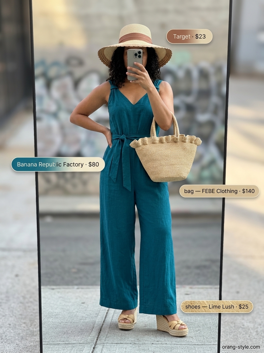 Muted teal wide-leg jumpsuit with raffia tote and espadrilles for Miami summer outfits for women 2026.