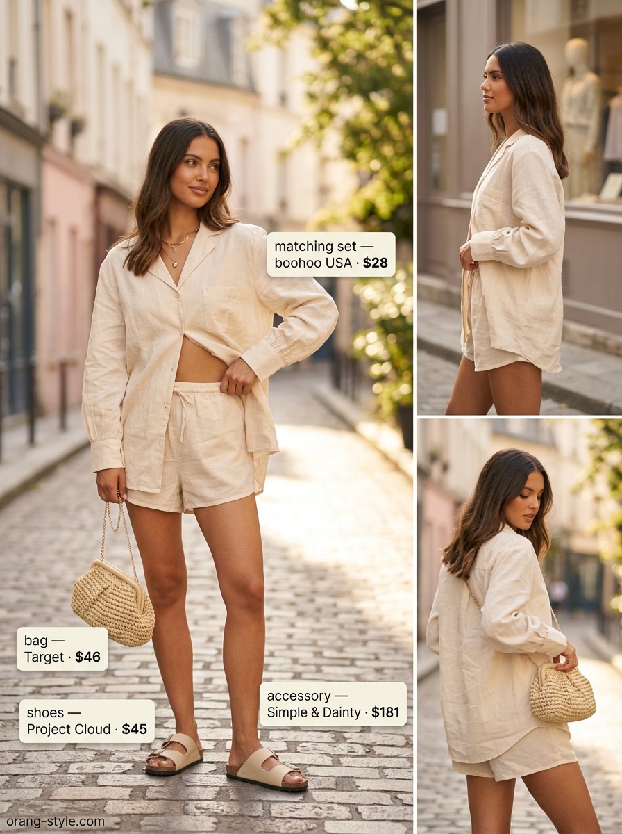 Cream linen button-down and beige shorts set for tropical Miami summer outfits for women 2026.