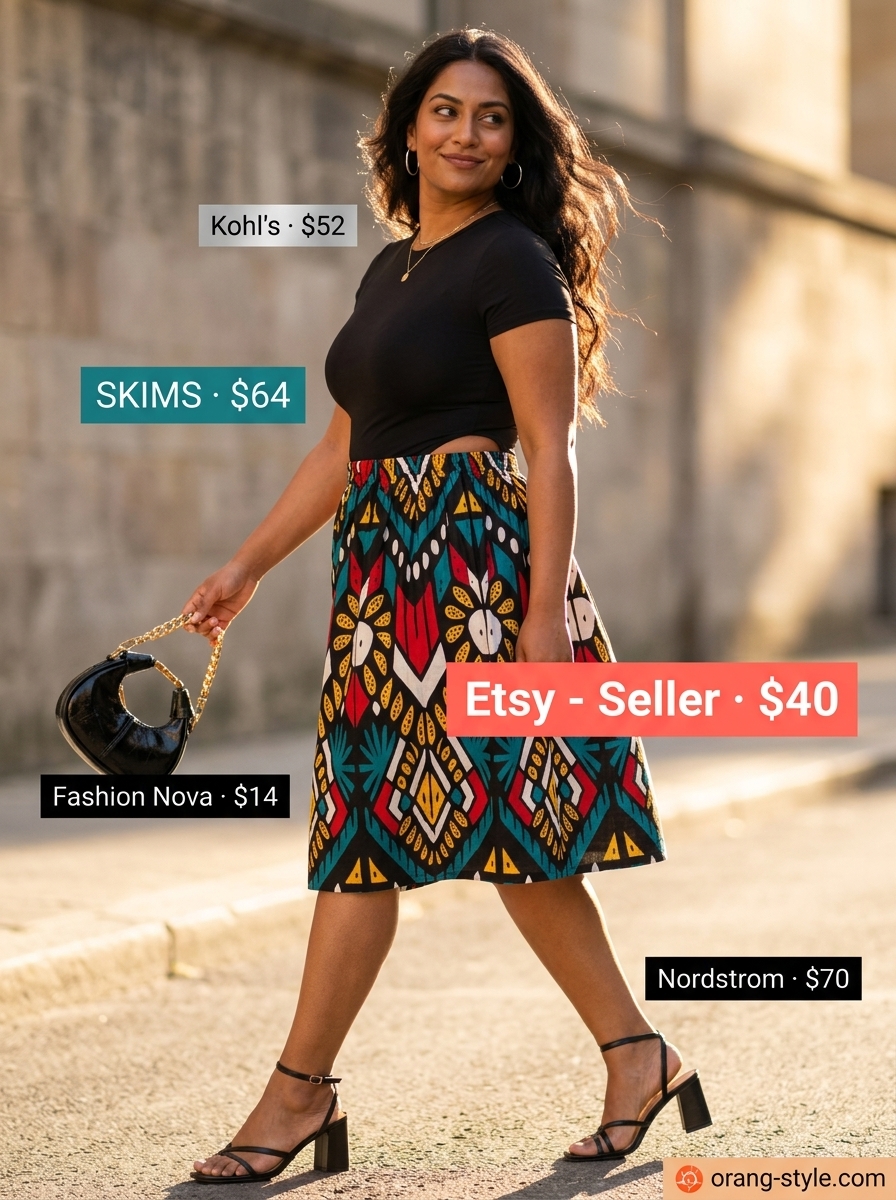 Multi-color print midi skirt with black bodysuit and heeled sandals for Miami summer outfits for women 2026.