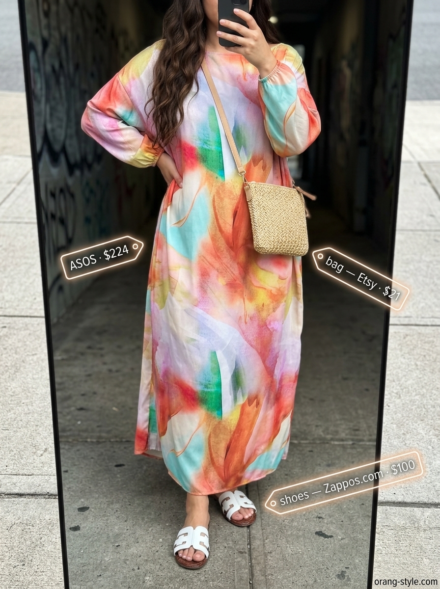 Teal and magenta abstract print maxi dress with flat slides for Miami summer outfits for women 2026.