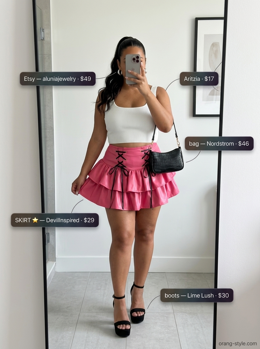 Hot pink faux leather mini skirt, white crop top, and black sandals for tropical Miami summer outfits for women 2026.