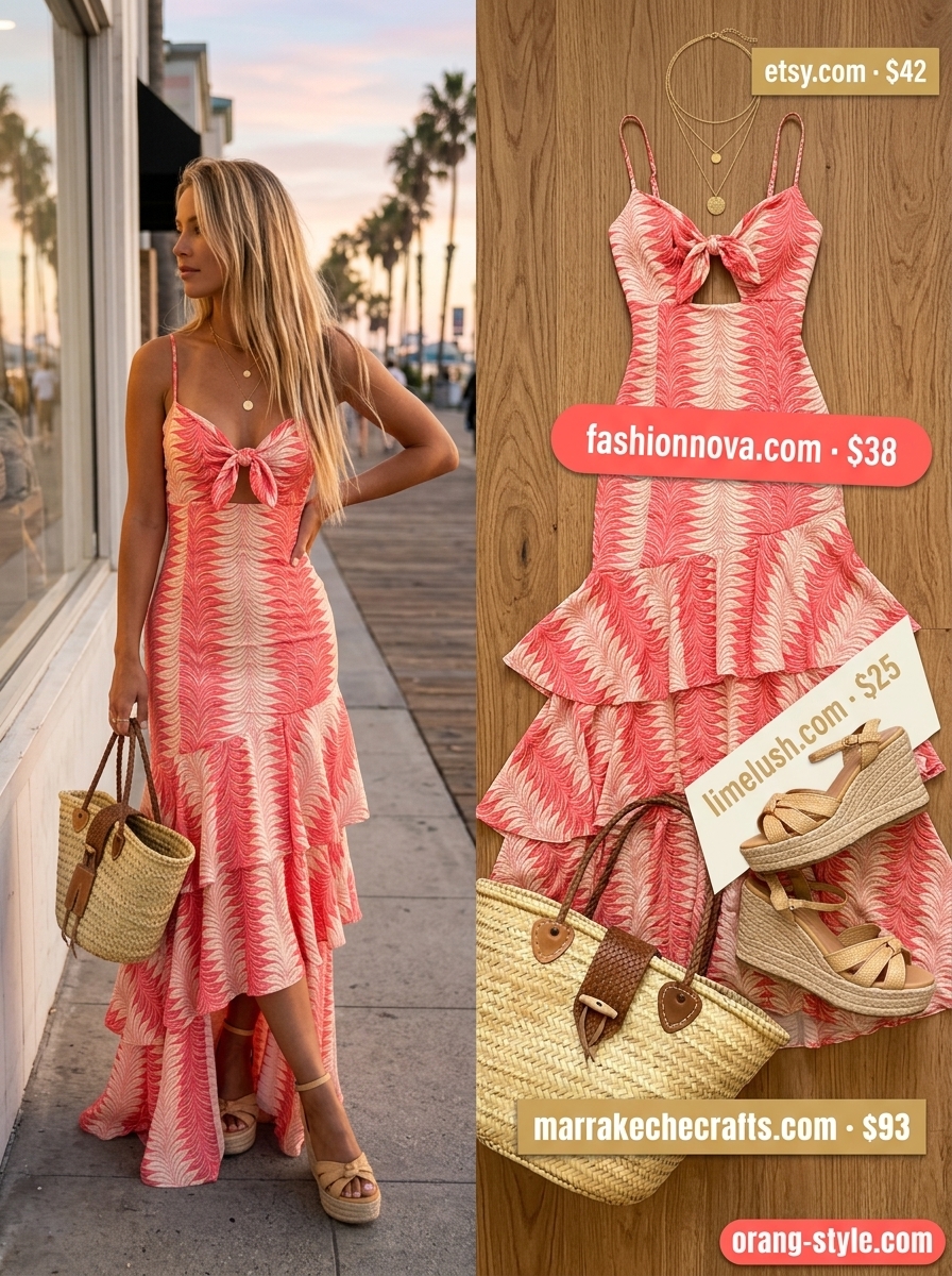 Coral flowy maxi dress with espadrilles and straw tote for Miami summer outfits for women 2026.