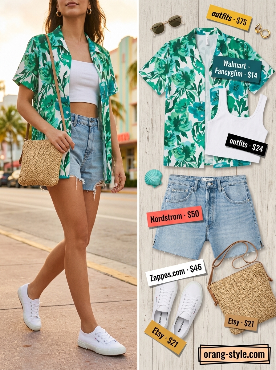 Emerald green tropical blouse with denim shorts for tropical Miami summer outfits for women 2026. Playful brunch outfit.