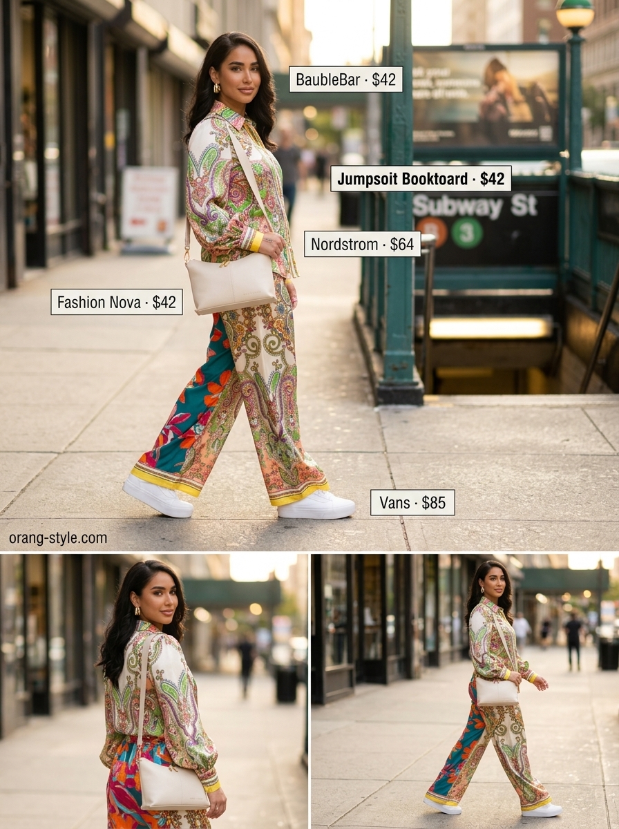 Vibrant tropical jumpsuit for tropical Miami summer outfits for women 2026. Bold vacation wear with white crossbody and platform sneakers.