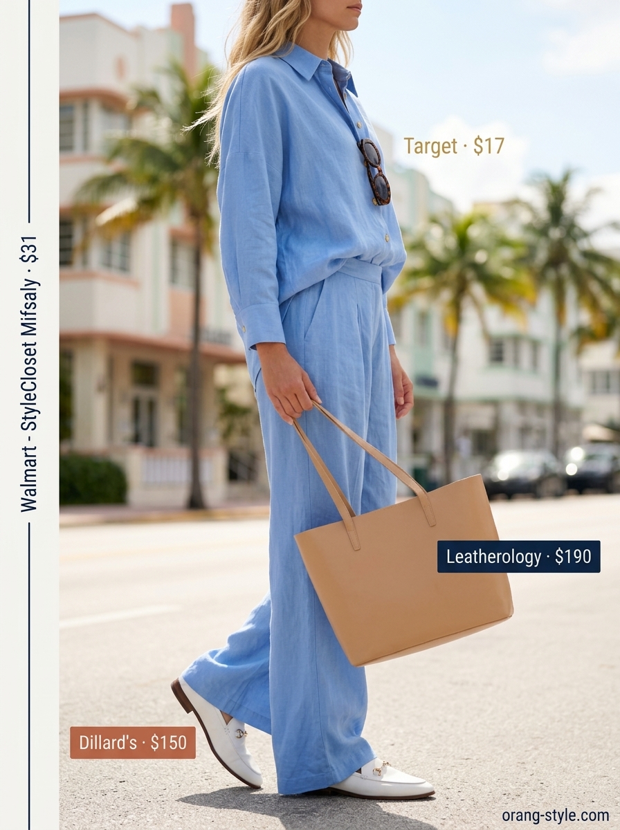 Sky blue linen set for tropical Miami summer outfits for women 2026. Chic travel and city sightseeing outfit with loafers.