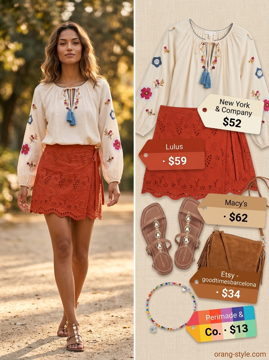 Floral print wrap mini skirt outfit for a festival with cream blouse & suede bag. Summer 2026 boho style.