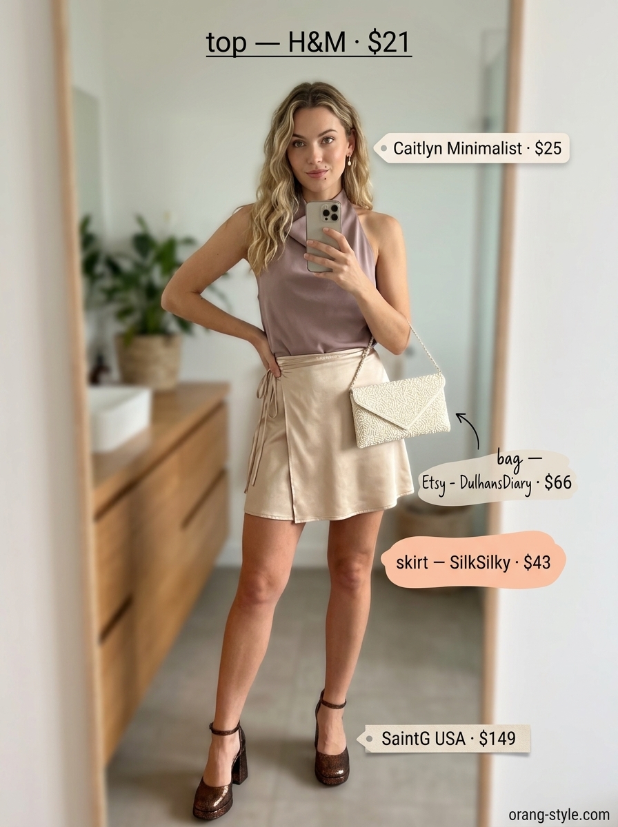 Champagne satin wrap mini skirt outfit for summer 2026 evening event with ivory knit top and bronze mules.