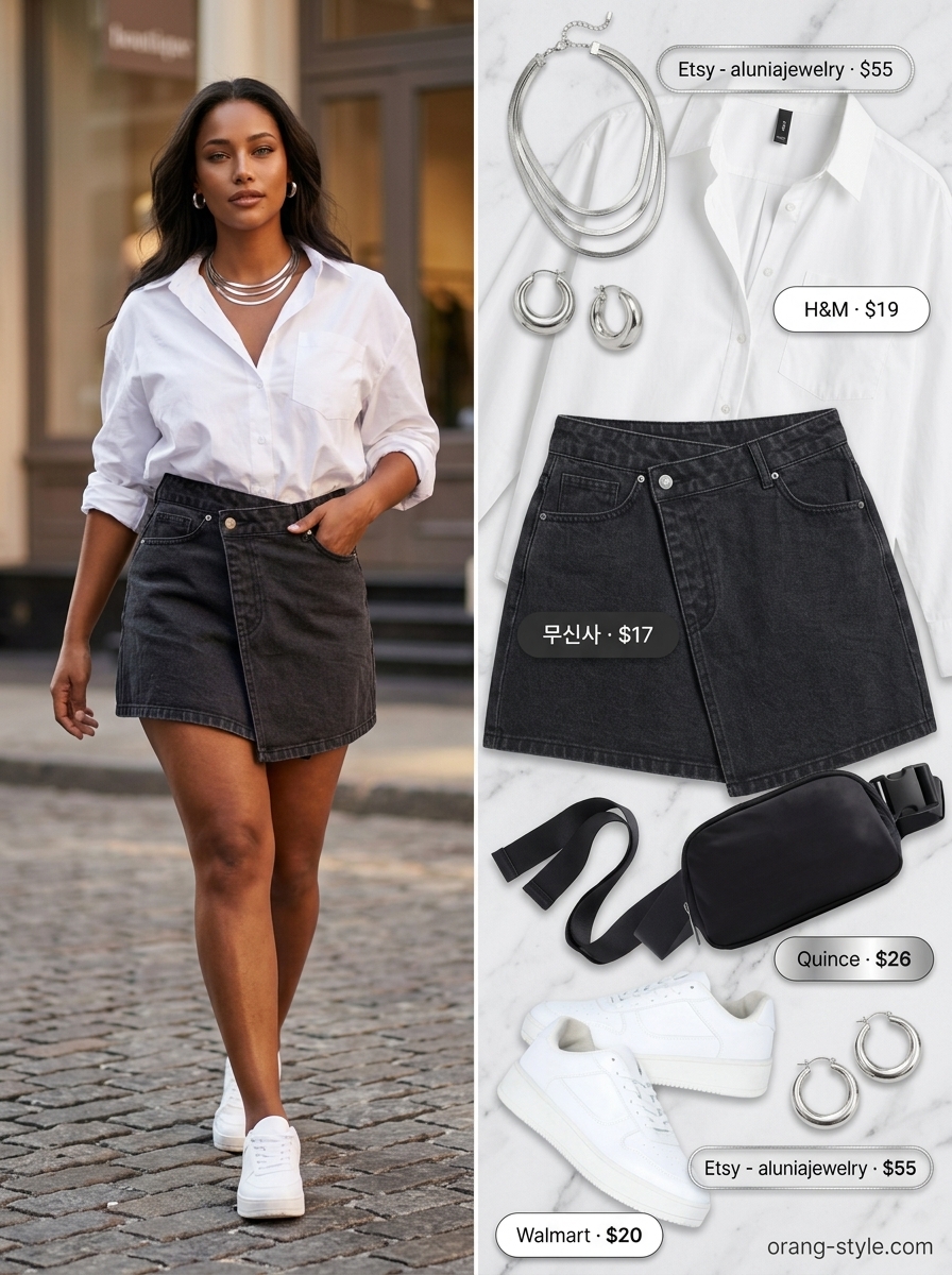 Black denim wrap mini skirt outfit for city sightseeing with white shirt & sneakers. Summer 2026 urban style.