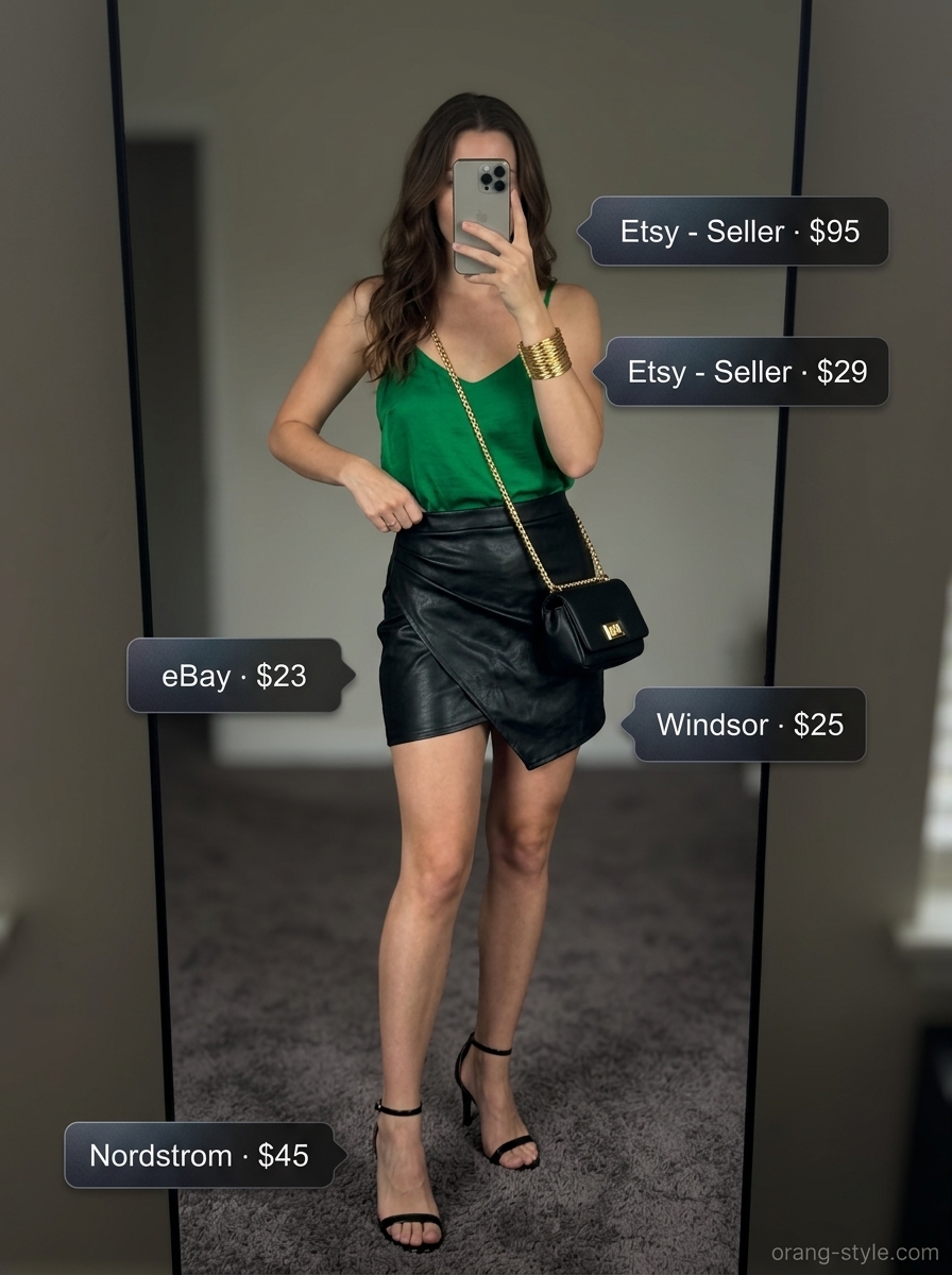 Emerald City Nights outfit: black faux leather wrap mini skirt, silk camisole, heeled sandals, and gold bracelet for summer 2026.
