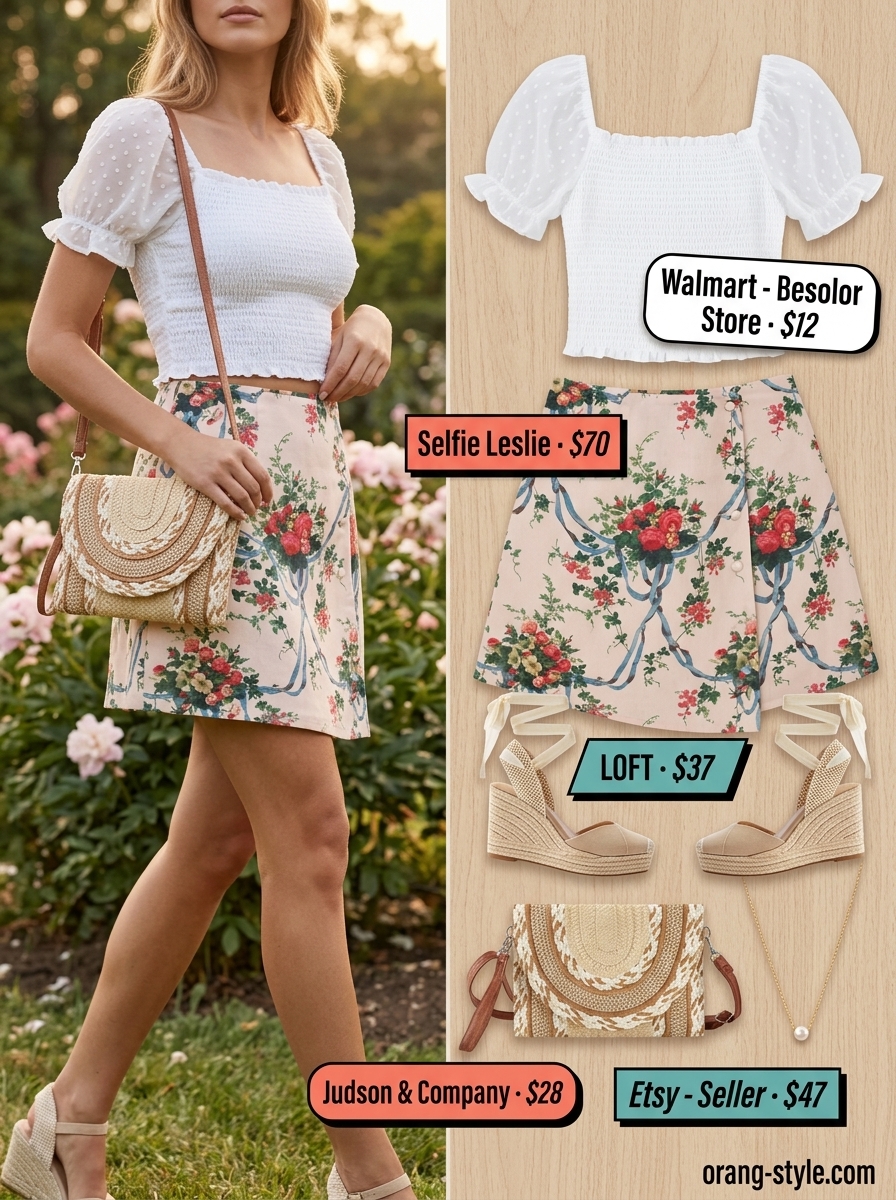 Golden Hour Picnic outfit: floral wrap mini skirt, puff sleeve blouse, espadrilles, and straw bag for summer 2026.