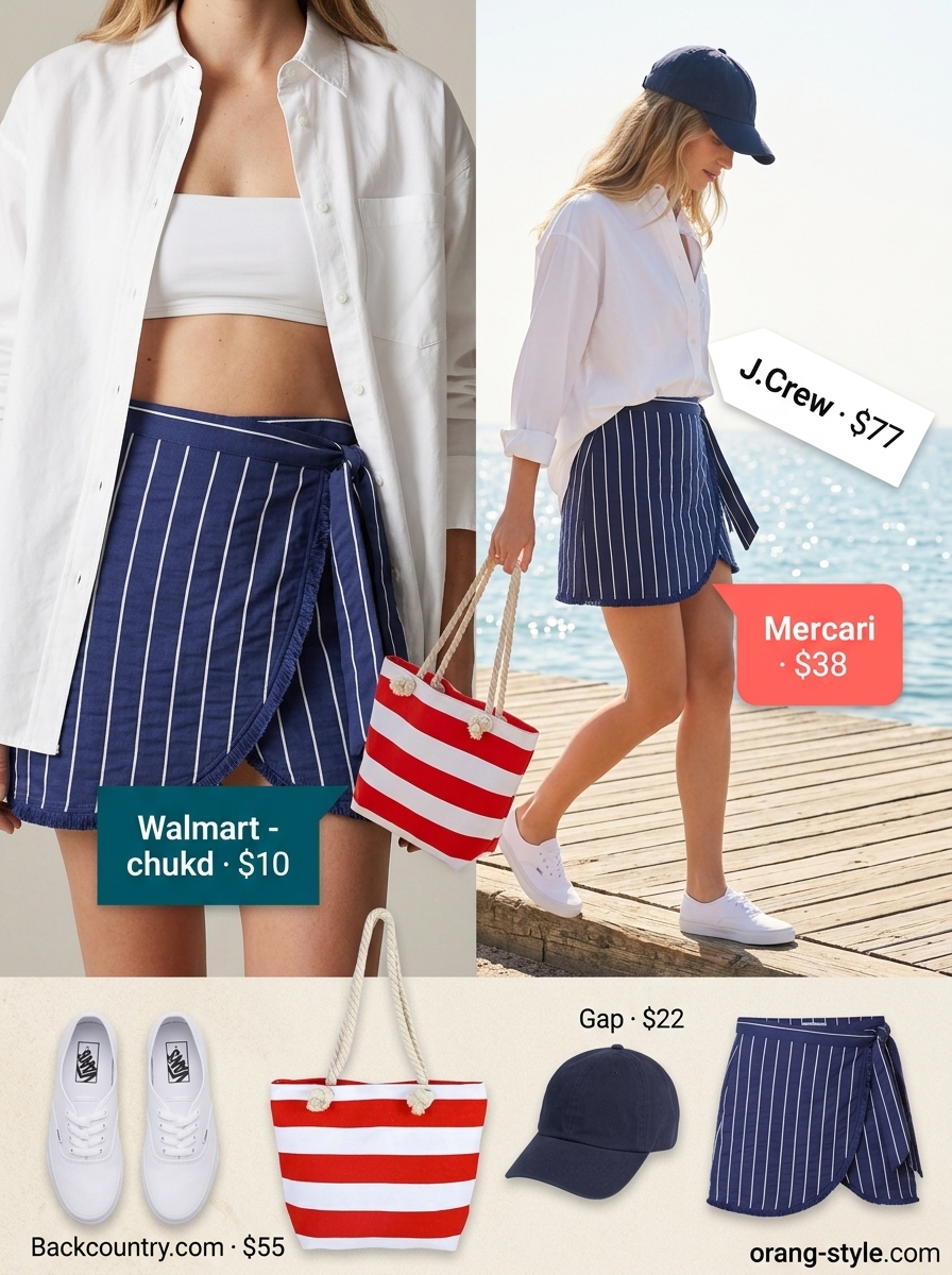Nautical Day Out outfit: navy stripe wrap mini skirt, white shirt, sneakers, and baseball cap for summer 2026.
