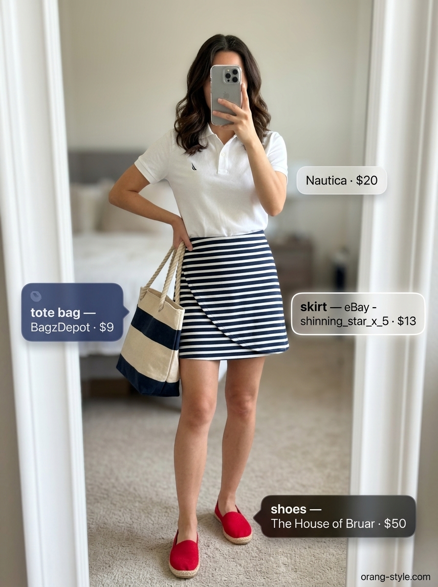 Navy stripe wrap mini skirt outfit for nautical style with white polo & red espadrilles. Summer 2026.