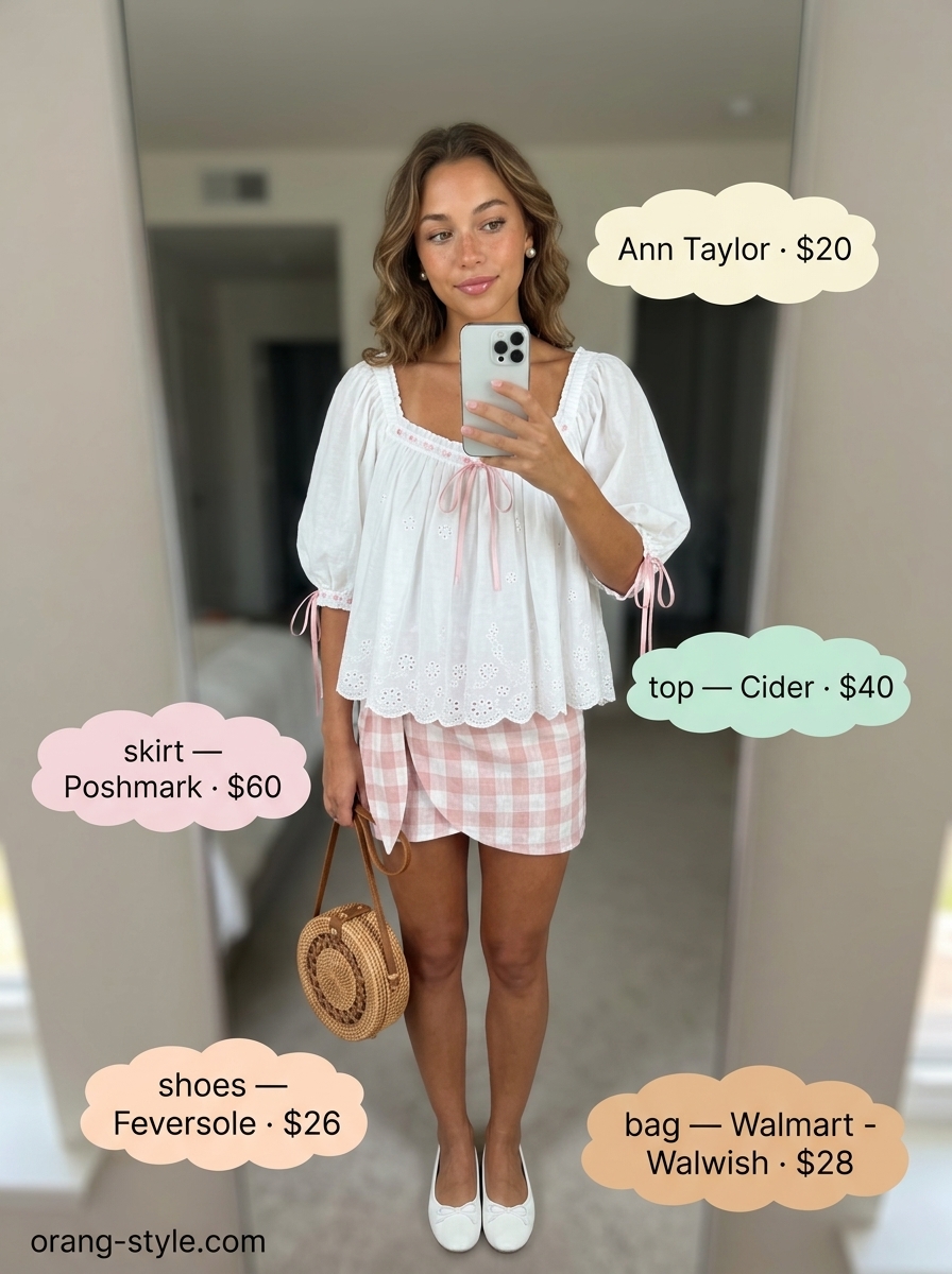 Pink gingham wrap mini skirt outfit for a picnic with white blouse & ballet flats. Summer 2026 charming style.