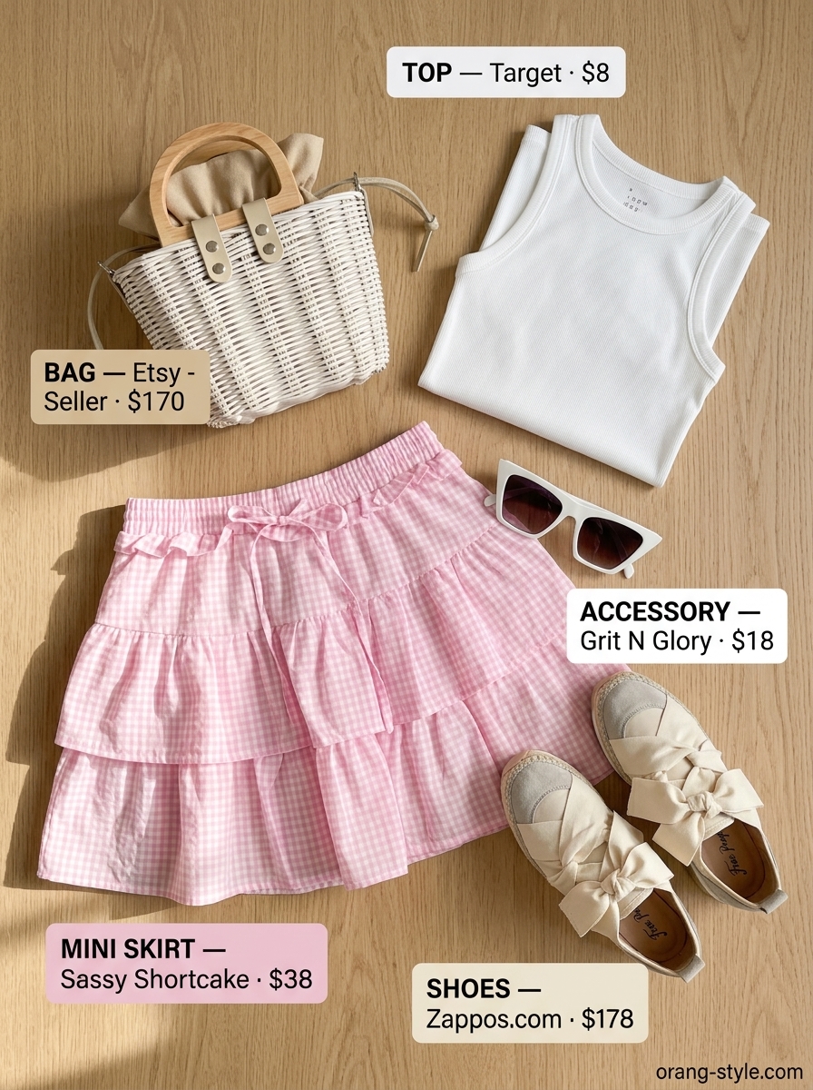 Pink gingham wrap mini skirt outfit for summer 2026 picnic with white tank and espadrille sneakers.