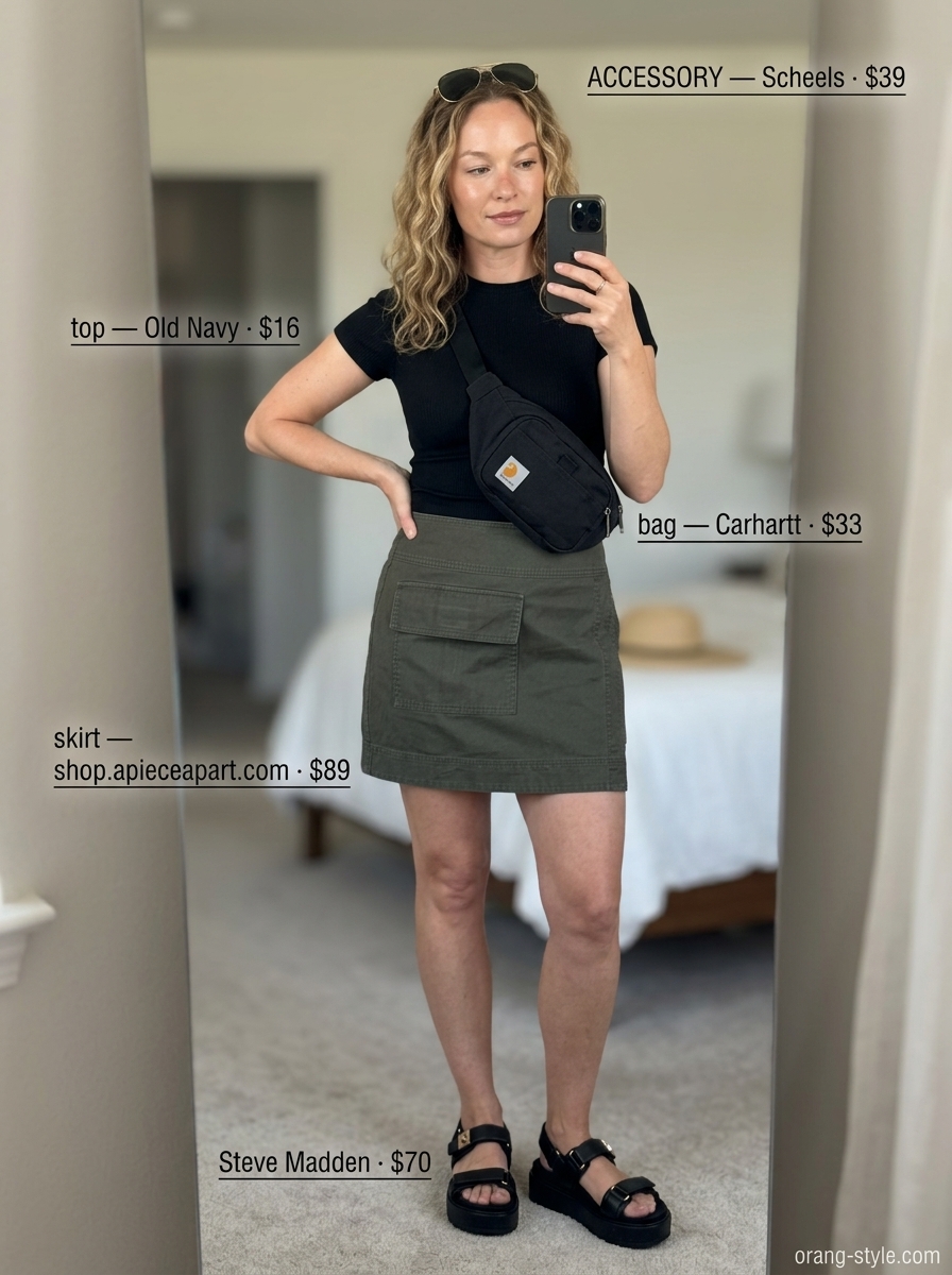 Olive green utility wrap mini skirt outfit for safari style with black tee & platform sandals. Summer 2026.