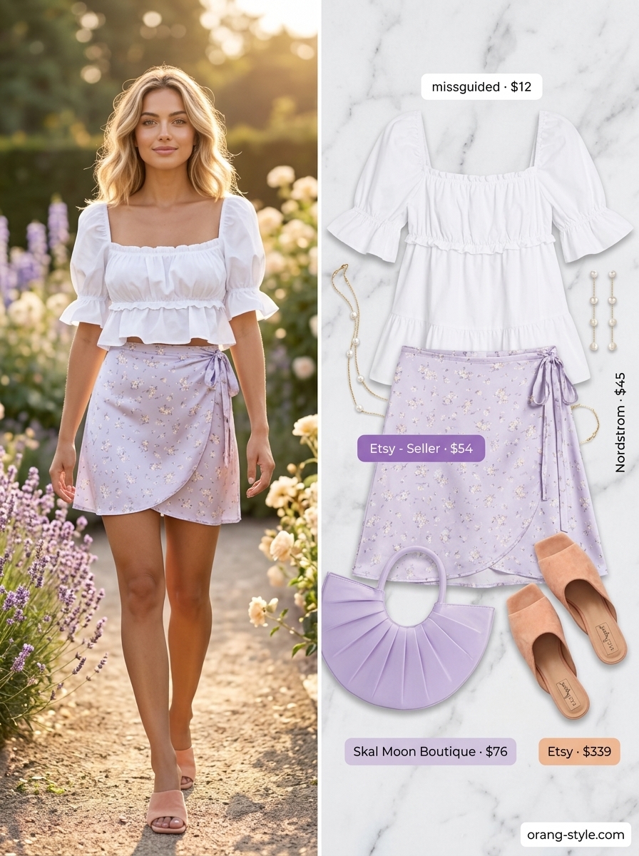 Summer Romance Dream outfit: floral silk wrap mini skirt, peasant blouse, block heels, and pearl earrings for summer 2026.