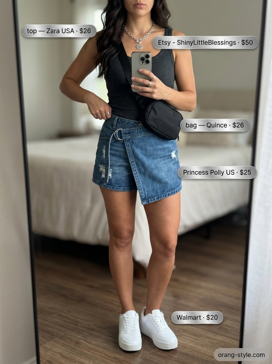 Distressed denim wrap mini skirt outfit for urban exploration with grey tank & belt bag. Summer 2026 style.