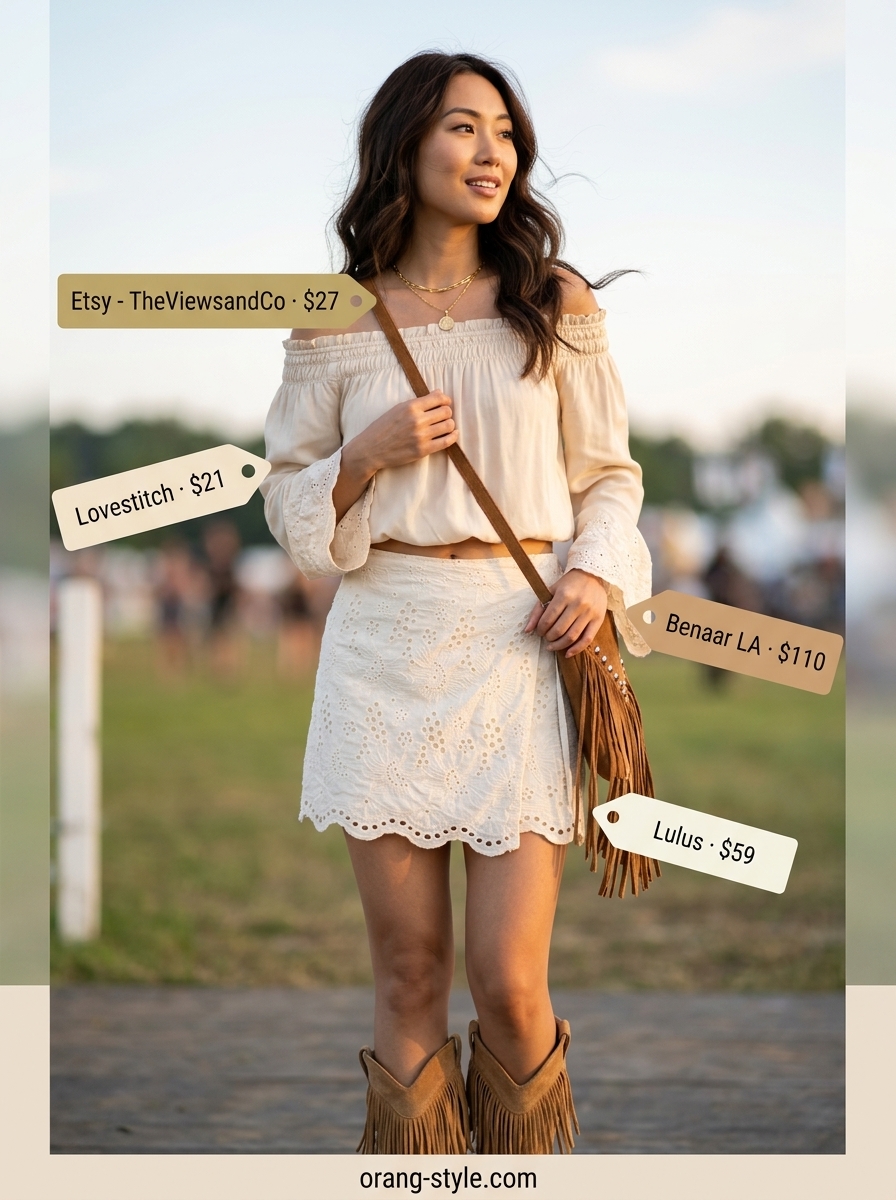 White eyelet lace wrap mini skirt outfit for summer 2026 festival with peasant top and cowboy boots.