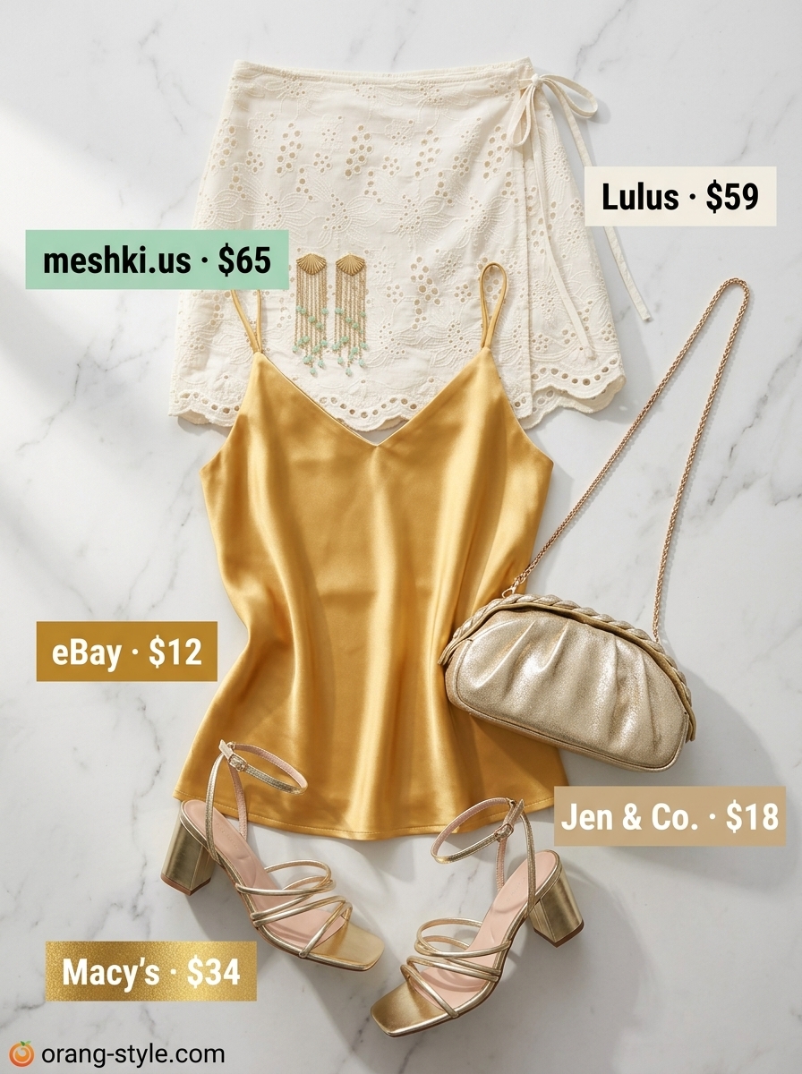 White eyelet lace wrap mini skirt outfit for summer 2026 resort dinner with gold camisole and sandals.