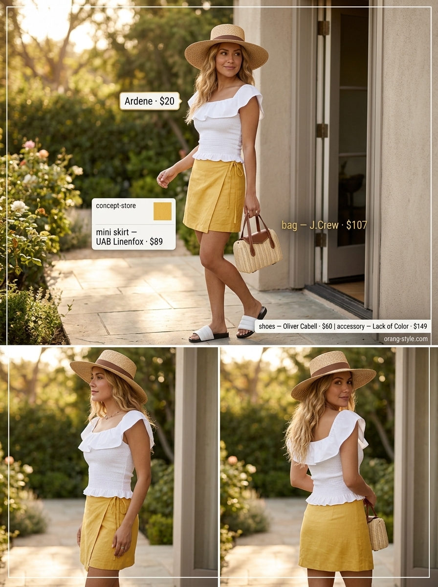 Bright yellow linen wrap mini skirt outfit for summer 2026 brunch with white off-shoulder top and straw hat.
