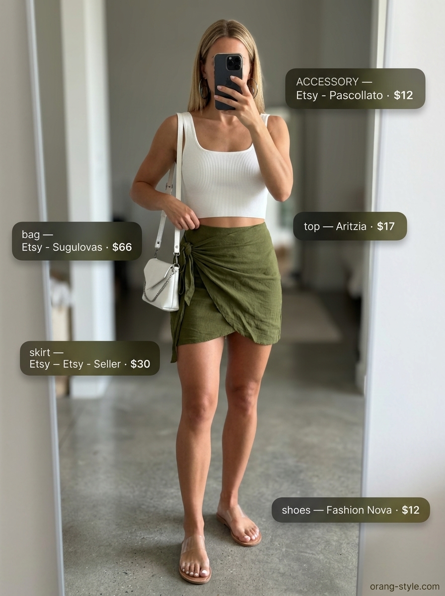 Lime green wrap mini skirt outfit for a pool party with white crop top & PVC sandals. Summer 2026 fashion.