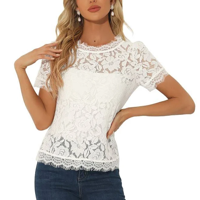 top Allegra K Women's Lace Floral Scalloped Trim Short Sleeve Semi Sheer Blouse Kohl's $30.99