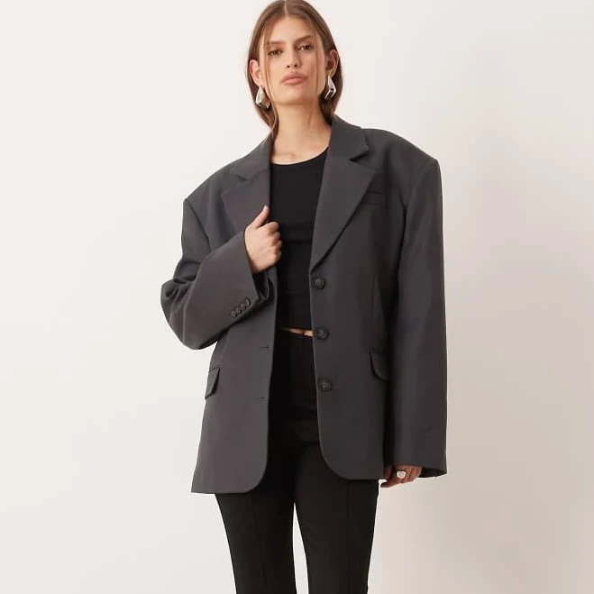 outerwear ASOS DESIGN tailored wool blend oversized power shoulder blazer in charcoal-Gray ASOS $49.05