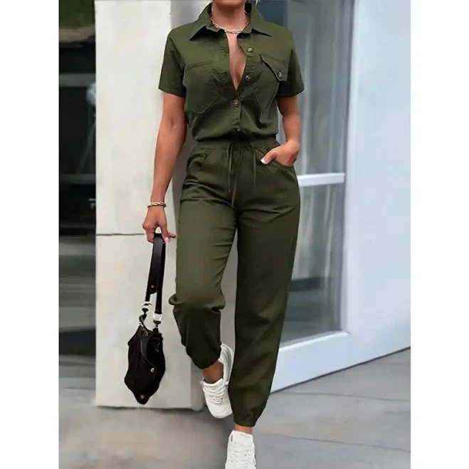 jumpsuit Button-Front Pocket Jumpsuit with Drawstring Waist AliExpress $59.22