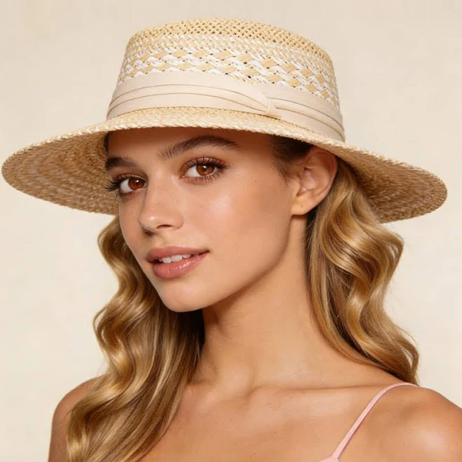 accessory Chic Natural Straw Boater Hat with Ribbon Band for Resort Vacations & Summer Beach Days IUHAT $30
