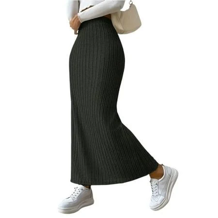 skirt Delconic Womens Ribbed Knit Maxi Skirt High Waist Stretchy Slim Fit Long Skirt Casual Soft Elastic Waistband Ankle Length Black 2XL, Women's Walmart - dGslk $13.59