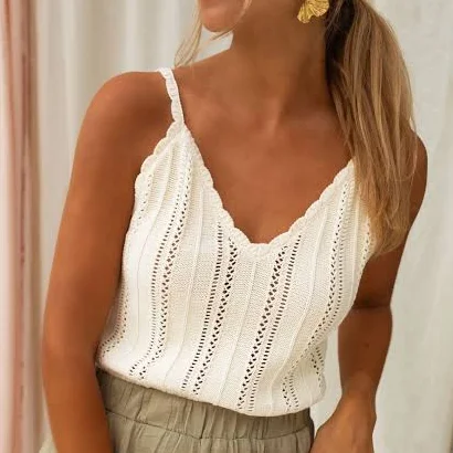 top Ecru Crochet Sleeveless Top with Thin Shoulder Straps & Slightly Cropped Fit &ndash; Roxie Top by EASY CLOTHES &ndash; Easy Clothes $36