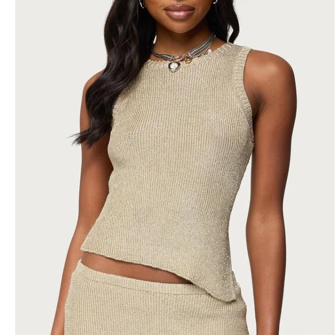 top Edikted Women's Goldy Asymmetric Metallic Knit Tank Top Nordstrom $51.2